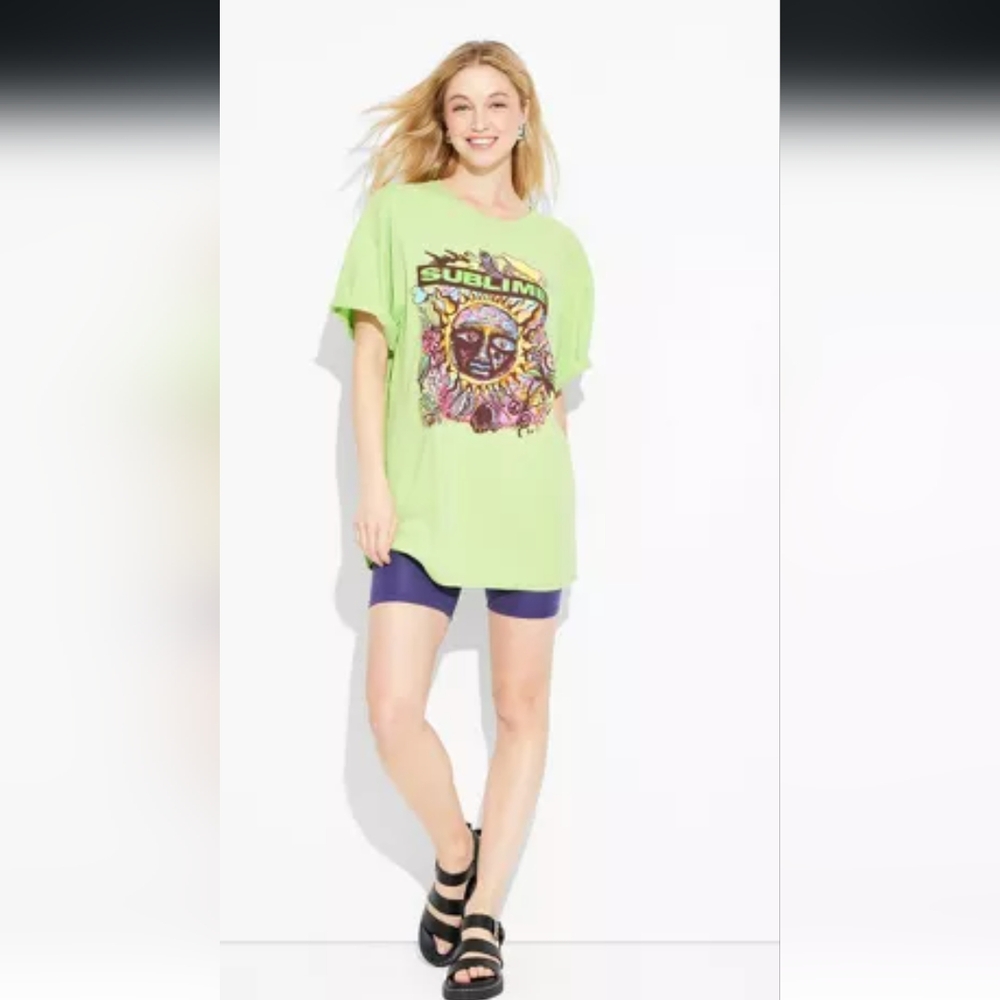 1990s Rock Band Sublime Graphic T-Shirt Dress Green Oversized Tee Fit S/M